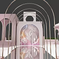 Pink And White Circular Display Stand With Arch Structures And Green Plants 3d model