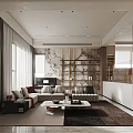 Spacious Modern Living Dining Room Interior With Comfortable Sofa Coffee Table And Decorative Shelves