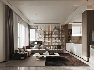 Spacious Modern Living Dining Room Interior With Comfortable Sofa Coffee Table And Decorative Shelves 3d model