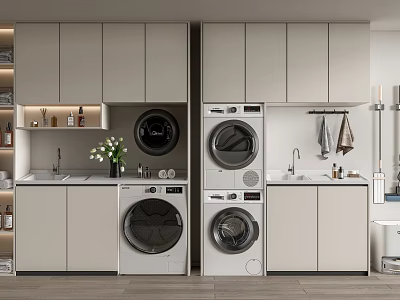 Minimalist Modern Gray Bathroom Cabinet Rack With Sink Counter Washer Dryer And Towel Rack 3d model
