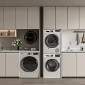 Minimalist Modern Gray Bathroom Cabinet Rack With Sink Counter Washer Dryer And Towel Rack