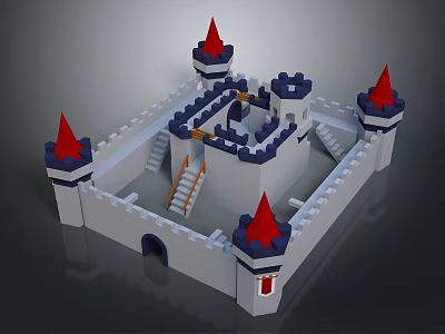 3D Building Blocks Castle Model With Red Spires White Walls And Internal Stairs 3d model