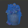 Decorated Wooden Barrel with Pumpkin and Colorful Autumn Leaves