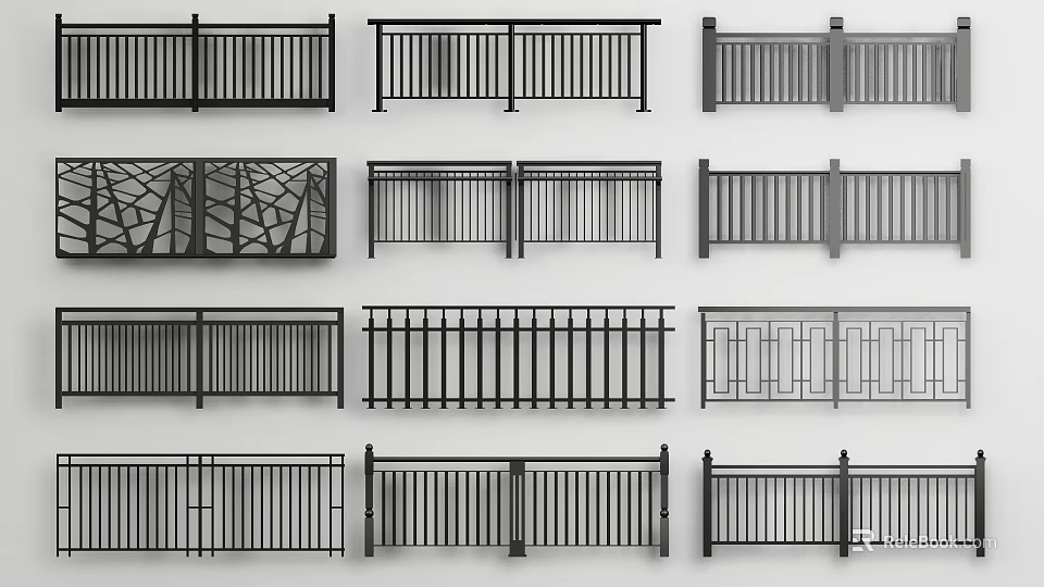 Collection Of Metal Fences With Different Designs Slatted Patterns And Decorative Styles 3d model 