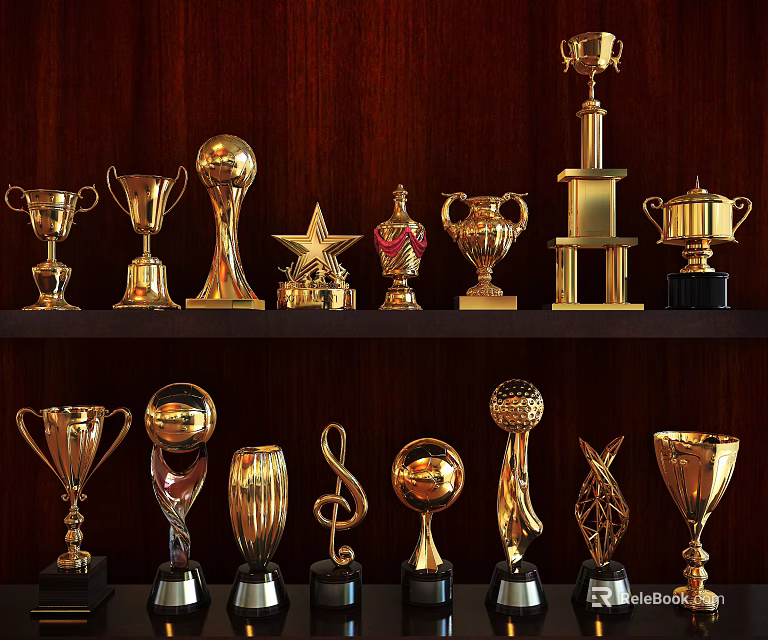 Elegant Golden Trophy Collection With Various Designs Displayed On Dark Wooden Shelves 3d model 