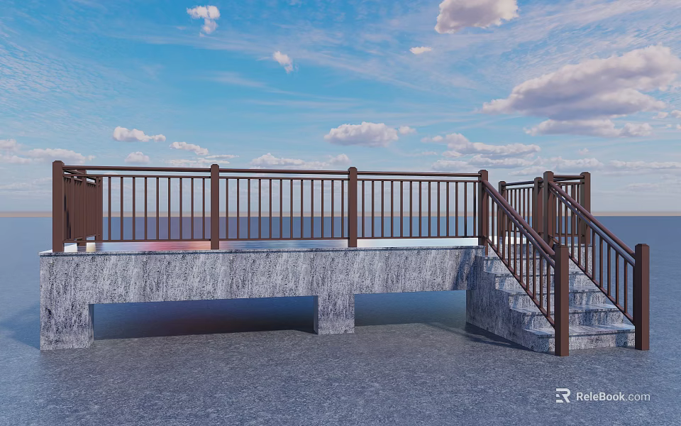 Outdoor Railing Design With Ocean View Blue Sky White Clouds And Stone Steps 3d model 