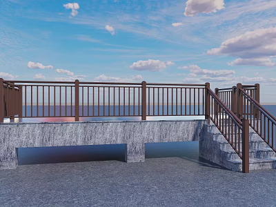 Outdoor Railing Design With Ocean View Blue Sky White Clouds And Stone Steps 3d model