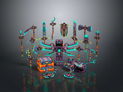 Futuristic Neon Glowing Weapons Collection With Swords Axes Daggers And Treasure Chest 3d model