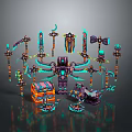 Futuristic Neon Glowing Weapons Collection With Swords Axes Daggers And Treasure Chest