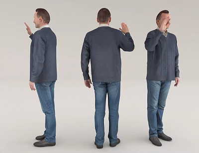 Man In Dark Blue Sweater And Blue Jeans From Three Different Angles With Gestures 3d model
