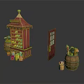 Red Wooden Kiosk with Gabled Roof Open Door and Colorful Packages Alongside Barrels
