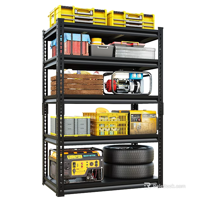 Multi Tier Storage Shelf With Tools Boxes And Tires In Garage 3d model 