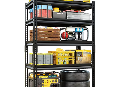 Multi Tier Storage Shelf With Tools Boxes And Tires In Garage 3d model