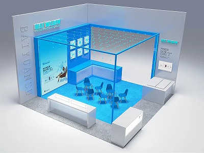 Modern Exhibition Booth Featuring Blue Glass Structure Interior Chairs And Display Counters 3d model
