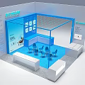 Modern Exhibition Booth Featuring Blue Glass Structure Interior Chairs And Display Counters