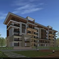 Modern Exterior Residential Building With Balconies Lush Greenery Lawn And Pathway