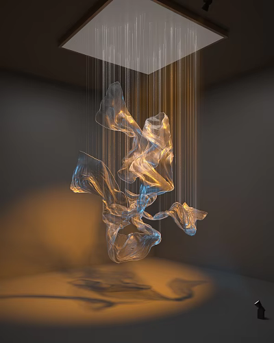 Modern Transparent Irregular Shaped Chandelier with Glossy Lighting Effects Hanging in Minimalist Room 3d model