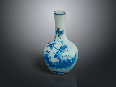 Carved Blue and White Porcelain Vase Featuring Slender Neck Globular Body and Landscape Figures 3d model