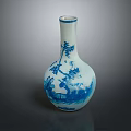 Carved Blue and White Porcelain Vase Featuring Slender Neck Globular Body and Landscape Figures