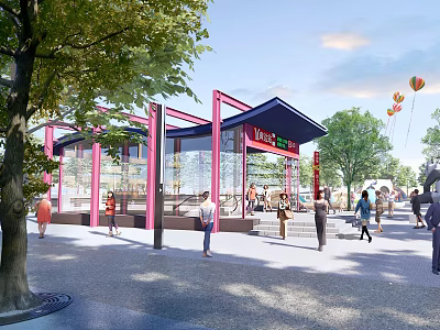 Pergola Red Frame Glass Structure With People Trees And Balloons In Open Public Space 3d model