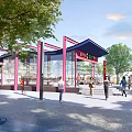 Pergola Red Frame Glass Structure With People Trees And Balloons In Open Public Space
