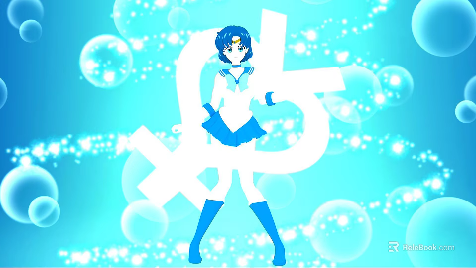 Blue Haired Woman In Blue White Uniform With Bubbles And White Symbols On Blue Background 3d model 