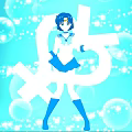 Blue Haired Woman In Blue White Uniform With Bubbles And White Symbols On Blue Background
