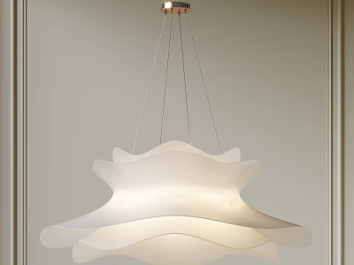 Modern White Layered Petal Shaped Chandelier Hanging In Minimalist Room With Neutral Walls 3d model