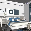 Kids Room Interior Design With Blue White Bedding Desk Stuffed Toys Train Track And Decorative Painting