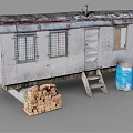 Old Rusty Trailer Exterior With Wooden Logs Ladder And Blue Barrel