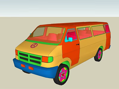 Colorful Retro Van With Peace Sign Vibrant Yellow Orange Blue Body And Colorful Wheels 3d model