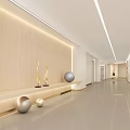 Modern Reception Area With White Curved Desk Streamlined Ceiling Lights And Reflective Floor 3d model
