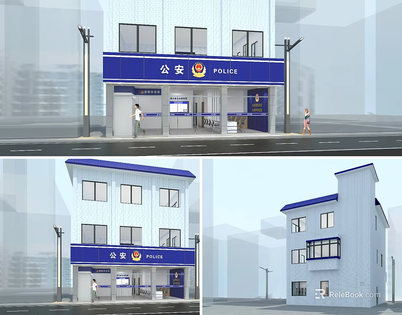 Modern Police Office Building Exterior With Blue Signage And White Facade 3d model 