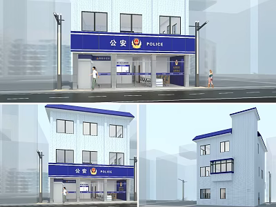 Modern Police Office Building Exterior With Blue Signage And White Facade 3d model