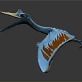 Blue Pterosaur Toy In Flying Pose With Orange Wing Patterns And Red Eyes