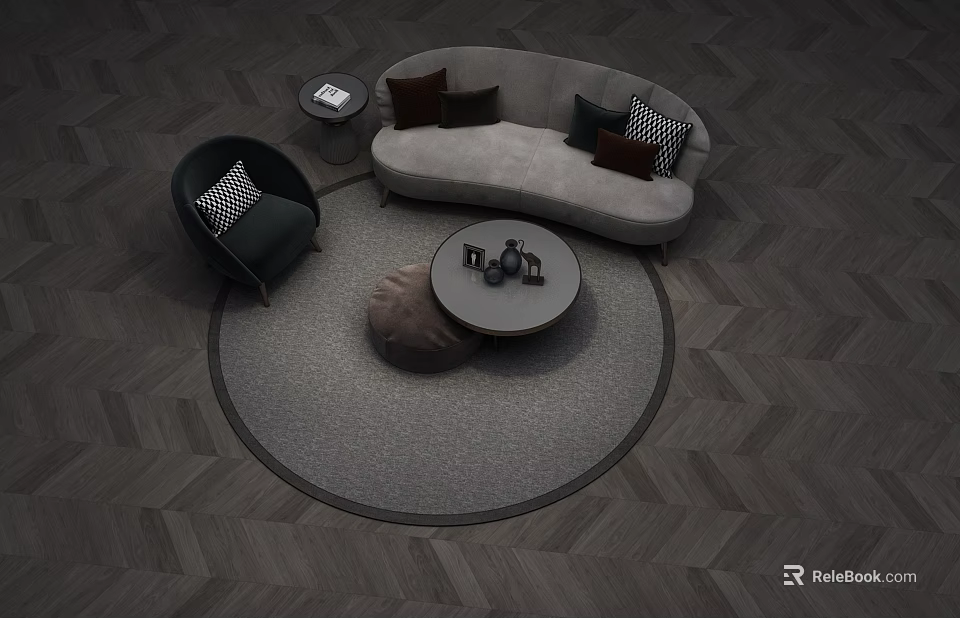 Gray Curved Sofa And Round Coffee Table With Plush Pillows Circular Rug And Accent Armchair 3d model 