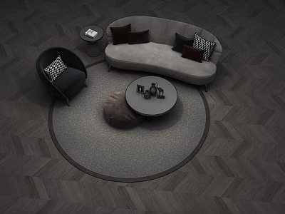 Gray Curved Sofa And Round Coffee Table With Plush Pillows Circular Rug And Accent Armchair 3d model