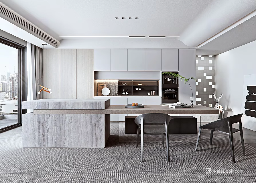 Modern Restaurant Interior With Open Layout Marble Countertop Light Gray Cabinets And City View 3d model 