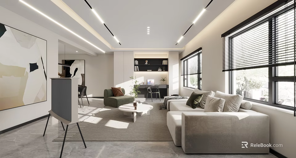 Modern Open Dining Living Room Interior With Sofa Coffee Table And Natural Lighting 3d model