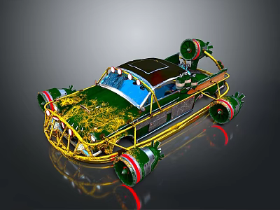 Sci Fi Custom Car With Green Body Yellow Frame Rocket Launchers And Red Green Wheels 3d model