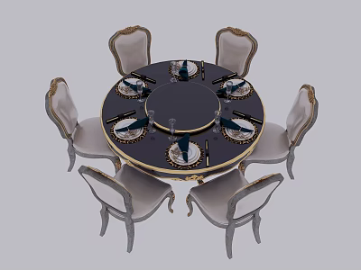 Round Black Dining Table Set With Six Light Colored Chairs Gold Trim And Tableware 3d model