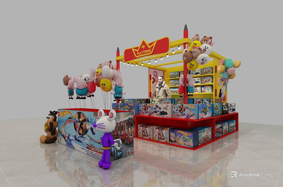 Colorful Toy Display Area With Cartoon Dolls Balloons Shelves And Toy Boxes 3d model 