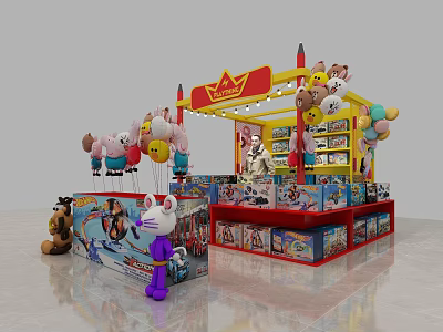 Colorful Toy Display Area With Cartoon Dolls Balloons Shelves And Toy Boxes 3d model