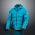 Blue Hooded Puffer Jacket With Lightweight Design Front Zipper And Logo
