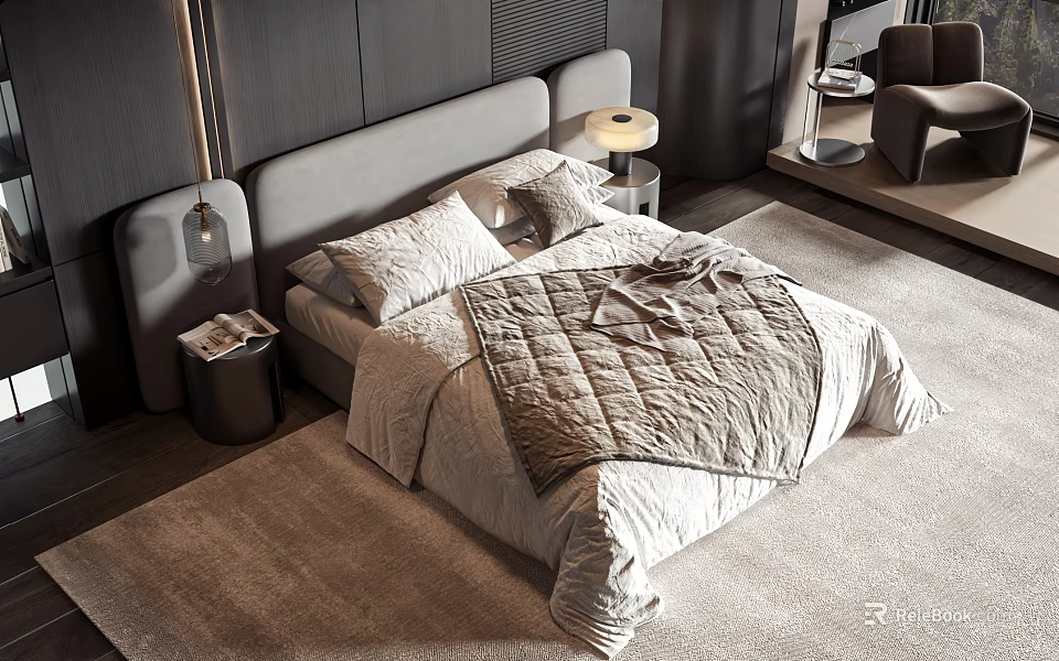 Cozy Modern Double Bed Interior With Gray Headboard Quilt Pillows Nightstand Lamp And Rug 3d model 