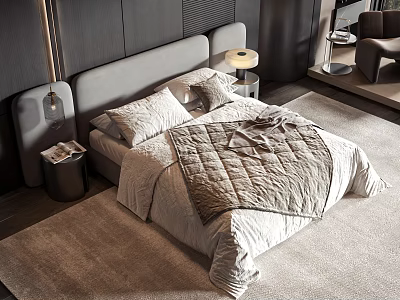 Cozy Modern Double Bed Interior With Gray Headboard Quilt Pillows Nightstand Lamp And Rug 3d model