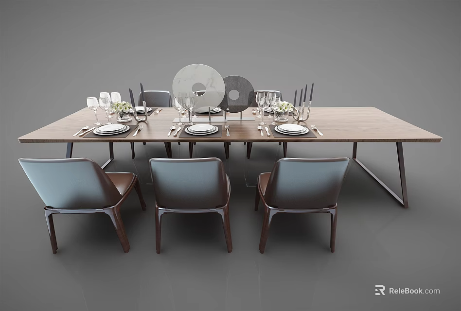Modern Dining Table Set With Chairs Tableware And Decorative Plates 3d model