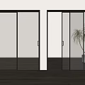 Glass Sliding Doors With Black Frame In Modern Interior Wooden Floor And Potted Plant