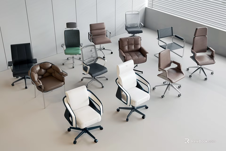 Various Modern Office Chairs In Different Colors With Wheels And Ergonomic Design 3d model 