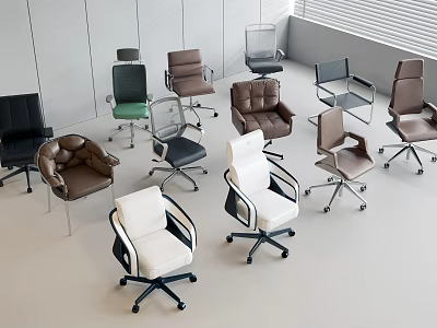 Various Modern Office Chairs In Different Colors With Wheels And Ergonomic Design 3d model